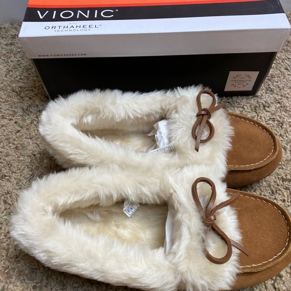 Vionic Juniper Moccasins Cozy Chestnut Suede Faux Fur Slippers Women's Size 7M - Picture 3 of 8